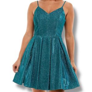 Blue Turquoise Pleated Zippered Open Back Glitter Short Fit & Flare Dress